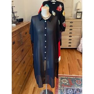 Marla Wynne For Chico's Black Sheer Button Front Long Shirt Dress Duster Size